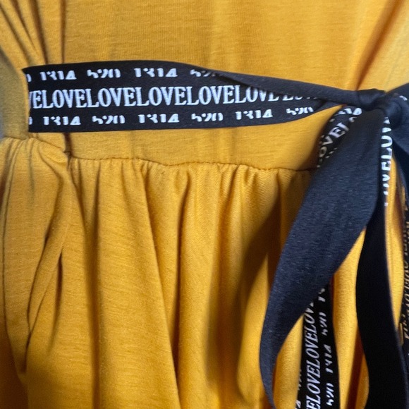SHEIN Mustard Yellow Layered Ruffle Dress with Black "Love" Belt Size Small - Picture 7 of 8